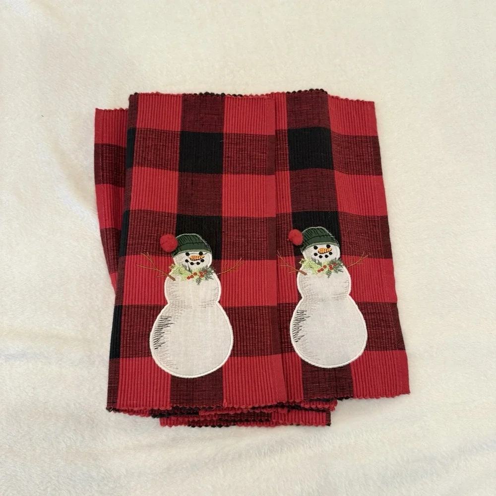 4 St. Nicholas Square Buffalo Plaid‎ Snowman Embroidered Placemats Puffball Set